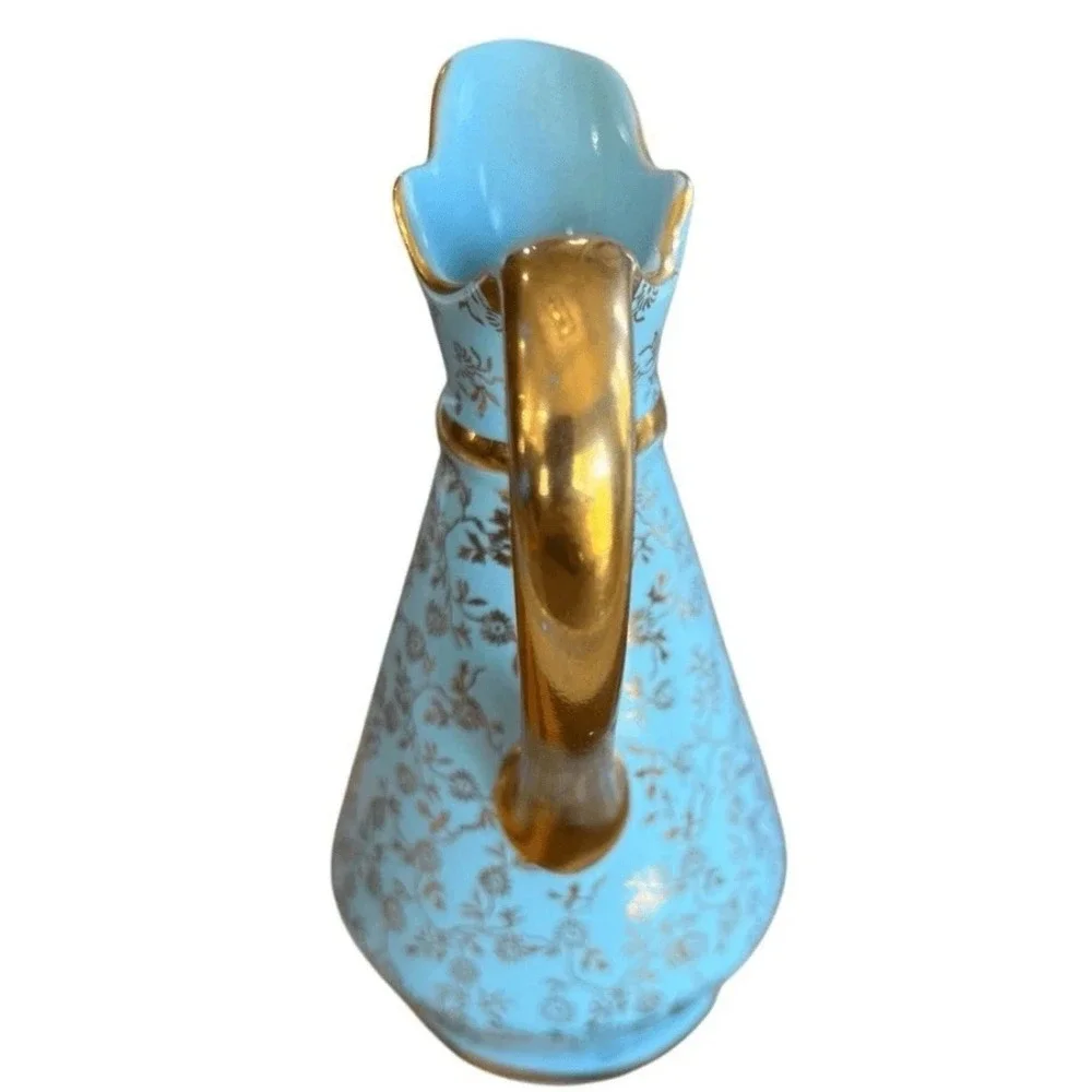 Vintage Pearl China Tiffany Blue Mini Pitcher Creamer Bud Vase 22KT Gold Cottage